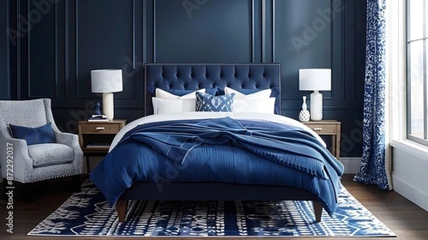 Fototapeta A splash of indigo adds depth to a contemporary bedroom, with geometric patterns adding visual interest.
