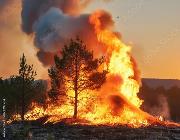 Obraz Forest Fire Raging Through Trees at Sunset
