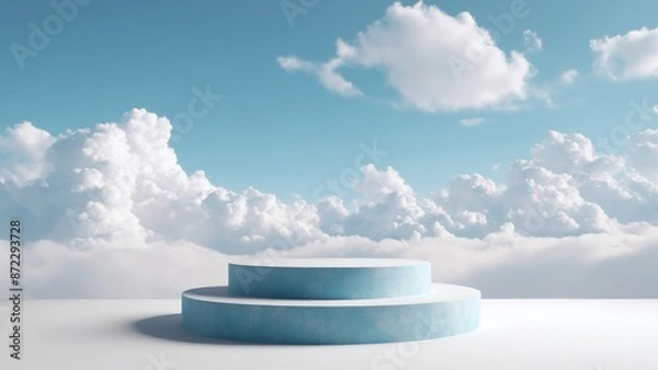Fototapeta A blue podium is positioned in the middle of a cloudy sky