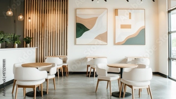 Fototapeta Artistic coffee shop interior, eclectic furniture, cozy atmosphere, vibrant wall art, open space layout, natural lighting, warm tones