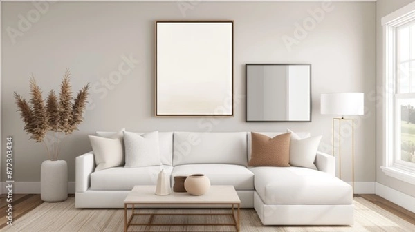 Fototapeta Contemporary interior design scheme featuring essential furniture elements, neutral tones, and a clutter-free aesthetic, emphasizing trend and function