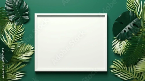 Fototapeta 
white frame on a green background with palm leaves