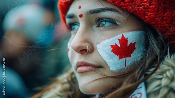 Fototapeta girl with a painted maple leaf on her face on Canada Day