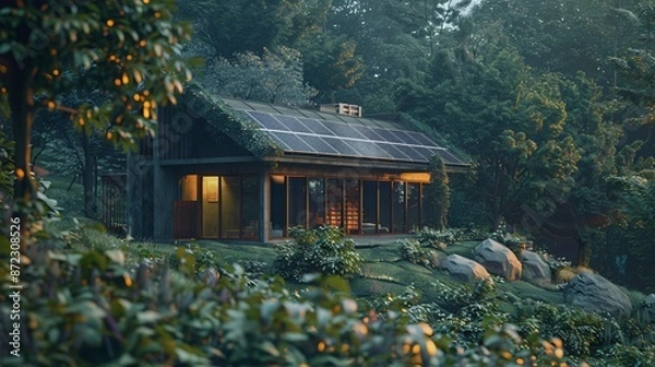 Obraz house with solar panels in the forest 