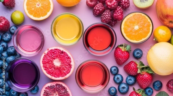 Fototapeta Focused view of various fruits interacting with a catalyst, highlighting the intricate chemical reactions and vibrant color shifts in a lab setting, focus cover all object, deep dept of field