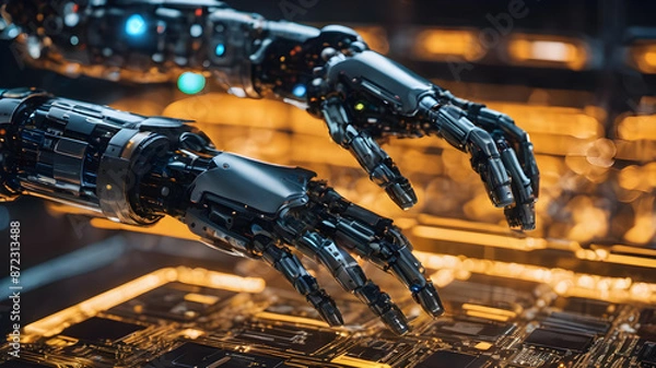 Fototapeta Robot hand reaching gesture. AI, Machine learning, Hand of robot technology, innovation of futuristic. AI generated image, ai.