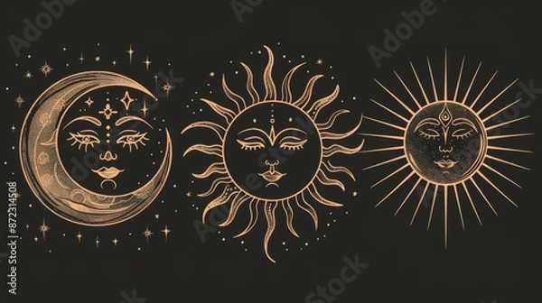 Fototapeta This image showcases a stylized sun, moon, and stars on a black background, with intricate details and ornate patterns, ideal for cosmic and celestial themes.