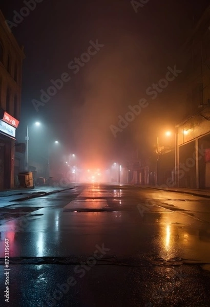 Obraz Wet asphalt, reflection of neon lights, a searchlight, smoke. Abstract light in a dark empty street with smoke, smog. Dark background scene of empty street, night view, night city.
