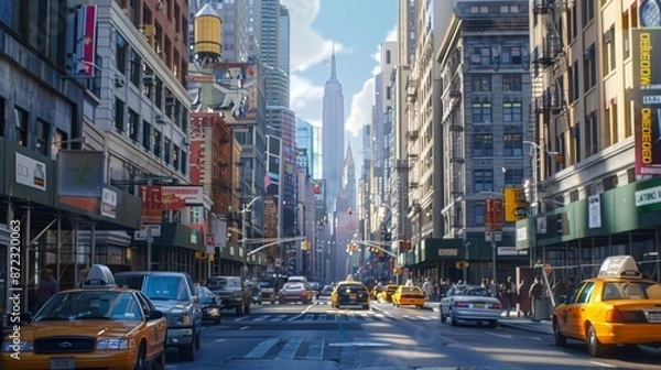 Fototapeta This bright and colorful illustration features a busy city street scene filled with yellow taxis, street vendors, and lined with high-rise buildings, with the Empire State Building in view.