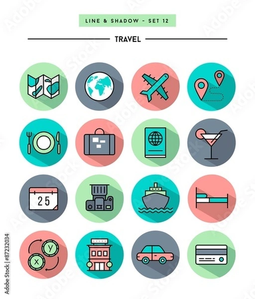 Obraz set of flat design,long shadow, thin line travel icons