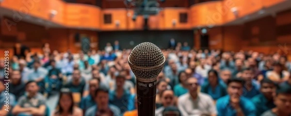 Fototapeta A microphone is on a stand in front of a crowd of people. Free copy space for text.