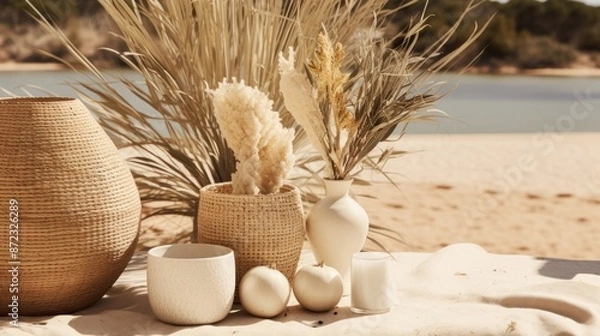 Fototapeta A beach scene with a vase of flowers and a basket of flowers