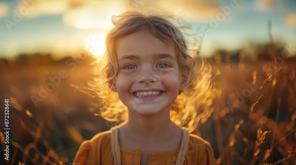 Obraz Young girl with dental braces smiles brightly in an outdoor field at sunset. Her teeth are even and straight, showcasing the effectiveness of orthodontic treatment.