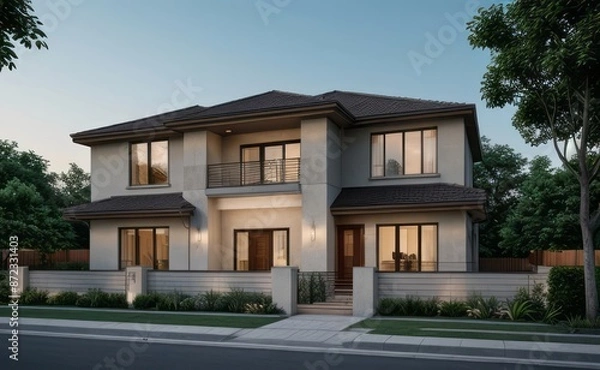 Obraz A Contemporary Dwelling with Stylish Architecture, Beautiful Exterior Design, and a Serene Garden Setting. Perfect Family Home in a Residential Neighborhood, Featuring Thoughtful Construction