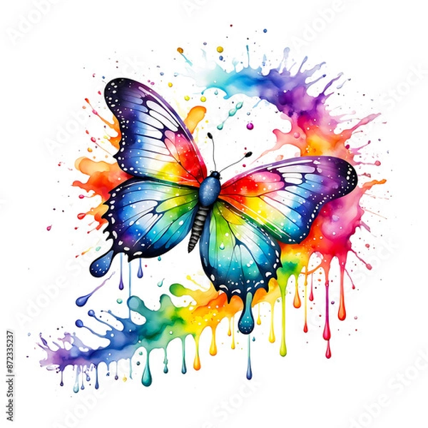 Fototapeta Schmetterling Falter in regenbogen bunten Wasserfarben mit Spritzern und Kleksen vor einem weißen Hintergrund als Vorlage für Design wildlebender Tiere, Insekten, Nützlinge, Garten, Zoo, Schönheit