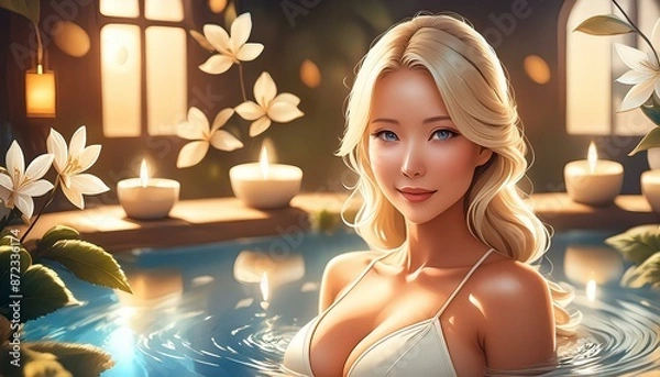 Fototapeta portrait of a blonde woman in white bikini relaxing in the pool of  the spa salon