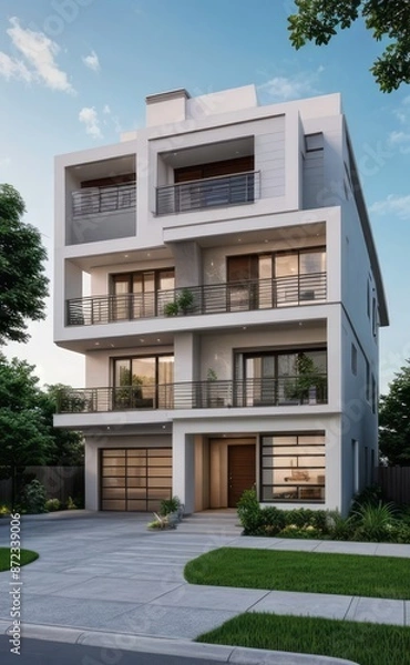 Fototapeta A Contemporary Dwelling with Stylish Architecture, Beautiful Exterior Design, and a Serene Garden Setting. Perfect Family Home in a Residential Neighborhood, Featuring Thoughtful Construction