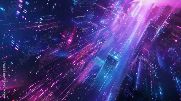 Fototapeta bakcground dynamic blue and purple lights, giving the impression of being enveloped in a stream of photons. 