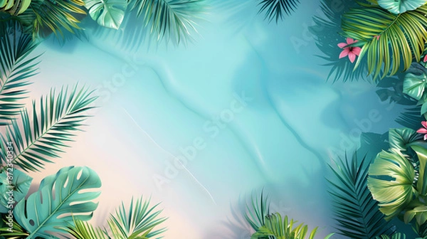 Fototapeta A summer theme background with tropical plants and summer elements, with copy space. The image features palm leaves, vibrant greenery, and clear water, perfect for vacation or relaxation designs.