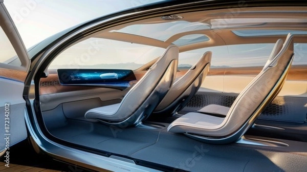 Fototapeta A photo of the interior of a modern car with an open door, showcasing the sleek design of the seats and dashboard.