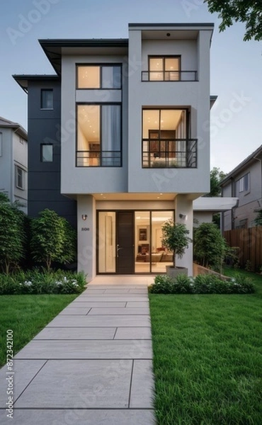 Fototapeta A Contemporary Dwelling with Stylish Architecture, Beautiful Exterior Design, and a Serene Garden Setting. Perfect Family Home in a Residential Neighborhood, Featuring Thoughtful Construction
