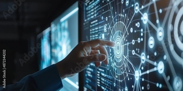 Fototapeta Futuristic digital interface with hand interacting, illustrating technology and innovation in data visualization and cybernetic systems