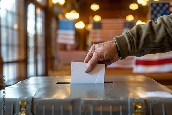 Fototapeta Close-up of a person casting a vote by placing a ballot into a ballot box in a polling station.