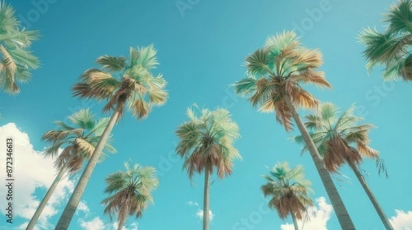 Fototapeta This image captures tall palm trees reaching towards a clear blue sky with some fluffy white clouds, embodying the serene and tropical nature of a sunny day.