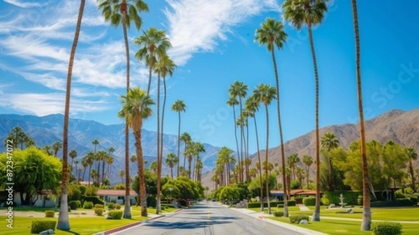 Fototapeta A picturesque street lined with tall palm trees on both sides, with a clear blue sky and striking mountains in the background, capturing a serene and peaceful suburban setting.