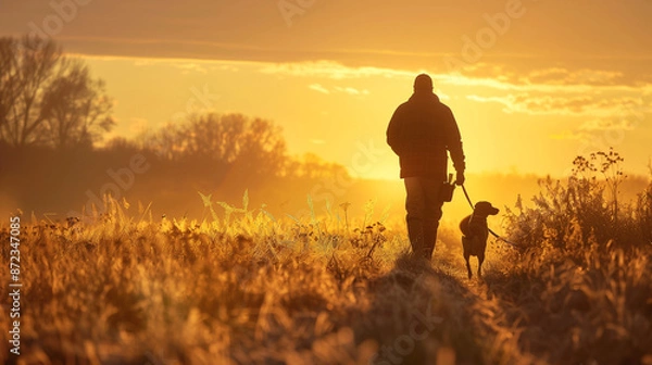 Obraz A hunter with his hunting dog walking in a field during the fall at golden hour. A bird dog and his master silhouetted against the sun.