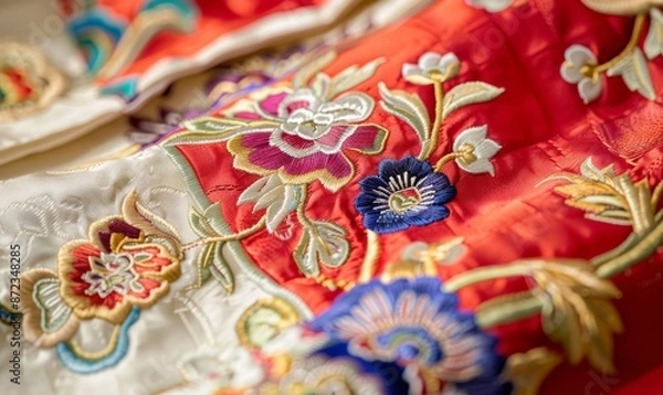 Obraz close-up of red embroidered fabric with blue flowers, blurred background highlighting details and techniques, bright colors creating elegant atmosphere, intricate patterns and textures