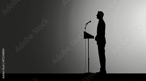 Fototapeta A silhouette of a man giving a speech at a podium, captured in a minimalistic style with a gradient background, emphasizing the solemnity of the moment.