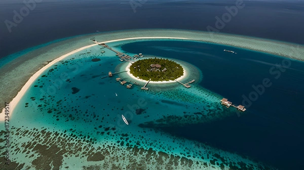 Obraz Aerial view of tropical island with water villa Baa Atoll, Maldives.