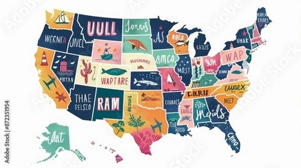 Fototapeta A colorful hand-drawn map of the United States featuring unique and quirky illustrations and playful reimagined state names creatively arranged through the entire country.