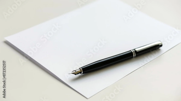 Fototapeta A blank piece of paper with a pen lies on a white surface, ready for writing or drawing.