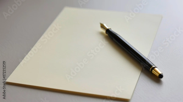 Fototapeta A blank piece of paper with a pen lies on a white surface, ready for writing or drawing.