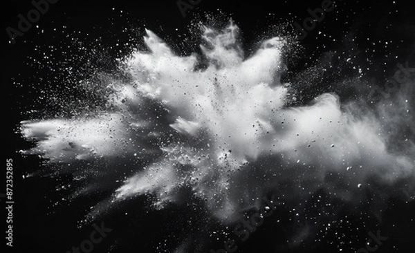 Fototapeta white powder explosion isolated on black background. white dust particles splash. Color Holi Festival. Burst of colors series. Vibrant contrast. Celebration and creativity concept background texture