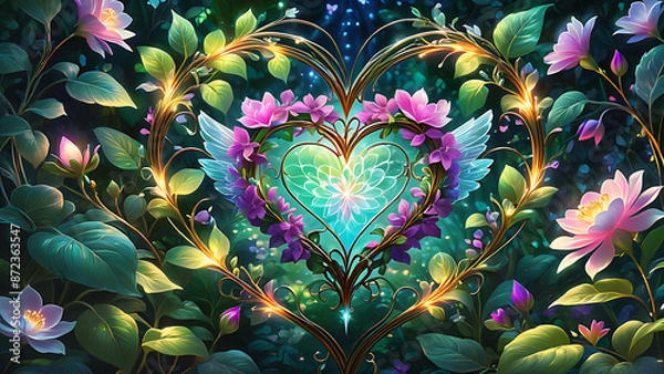 Obraz A glowing heart formed by vines with flowers and leaves surrounding it, vibrant colors and an ethereal glow.
