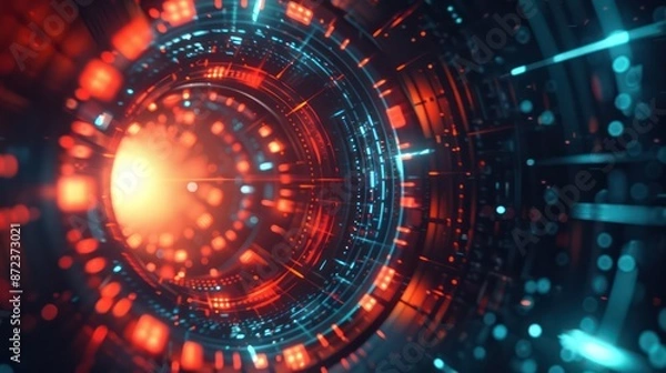 Fototapeta Futuristic Digital Tunnel with Neon Lights and Glowing Particles