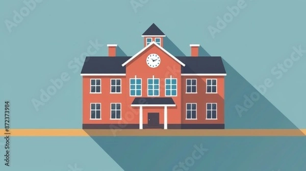 Fototapeta A detailed vector illustration showcasing the facade of a classic school building with a clock and chimneys, exemplifying traditional educational architecture in a simplified cartoon style.