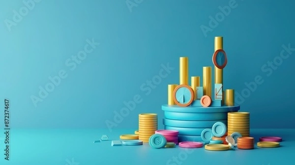 Fototapeta 3D Investment Analysis Concept on Blue Background with Copy Space for Text