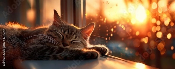 Fototapeta Cat lounging on a cozy windowsill, warm sunlight, high detail, relaxed and content expression, high resolution, soft and inviting ambiance, detailed fur texture