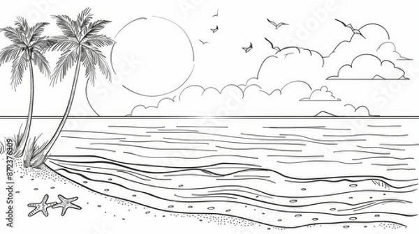 Fototapeta A line art illustration showing a beautiful scene with the sun, palm trees, and ocean waves. This simple yet elegant drawing captures the essence of a tropical paradise.