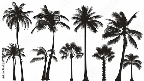 Fototapeta A collection of black silhouettes of palm trees showcasing various styles and shapes. Each silhouette presents a unique portrayal of palm tree structures.