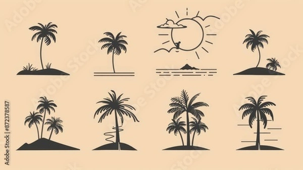 Fototapeta This image includes minimalist silhouettes of palm trees placed on various backgrounds, each presenting a simple yet elegant depiction of tropical scenery and coastal vibes.