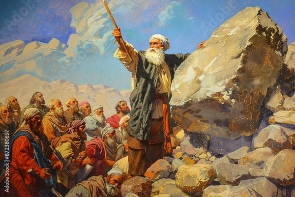 Fototapeta Moses striking the rock at Horeb with his staff, causing water to miraculously gush forth. Astonished Israelites rush to collect the water, while Moses stands resolute, his faith and leadership eviden