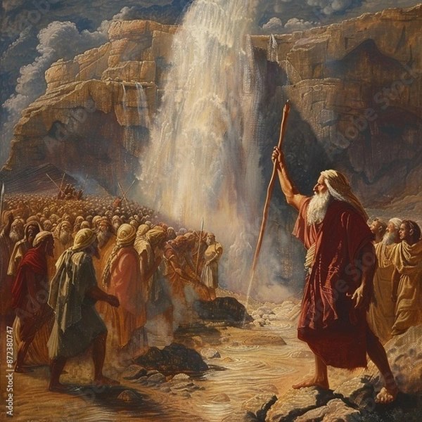 Fototapeta Moses striking the rock at Horeb with his staff, causing water to miraculously gush forth. Astonished Israelites rush to collect the water, while Moses stands resolute, his faith and leadership eviden