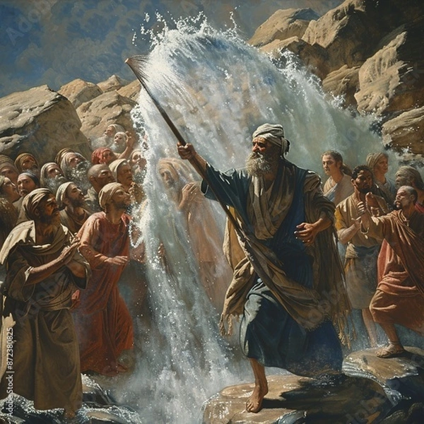 Fototapeta Moses striking the rock at Horeb with his staff, causing water to miraculously gush forth. Astonished Israelites rush to collect the water, while Moses stands resolute, his faith and leadership eviden