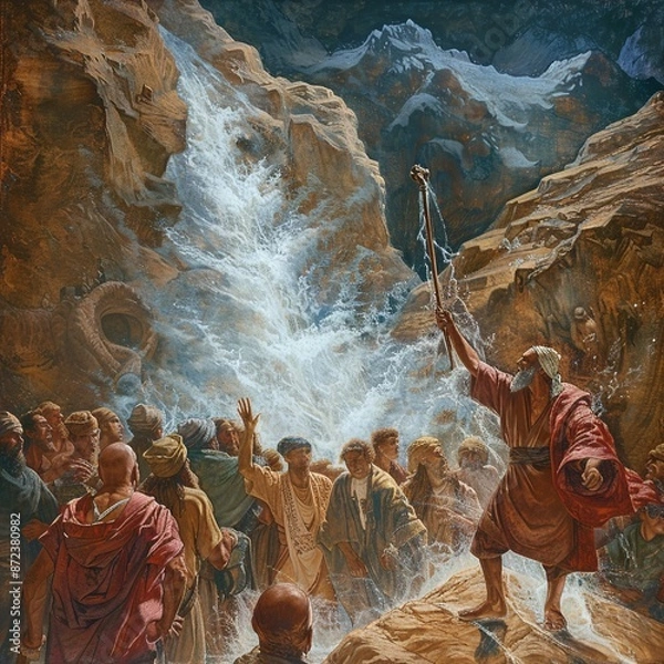 Fototapeta Moses striking the rock at Horeb with his staff, causing water to miraculously gush forth. Astonished Israelites rush to collect the water, while Moses stands resolute, his faith and leadership eviden