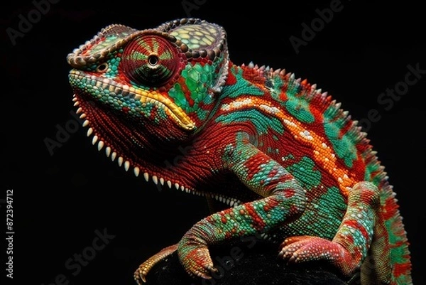 Fototapeta Mystic portrait of Panther Chameleon, full body view, isolated on black background